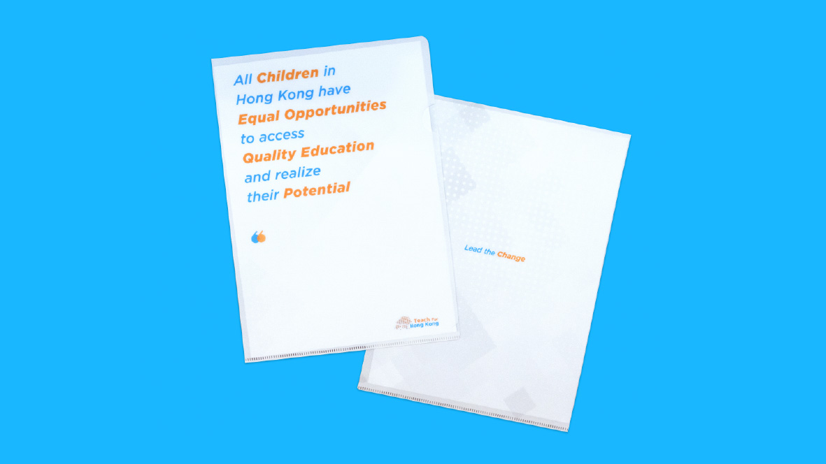 A4 colour-printed plastic folder featuring Teach For Hong Kong's mission