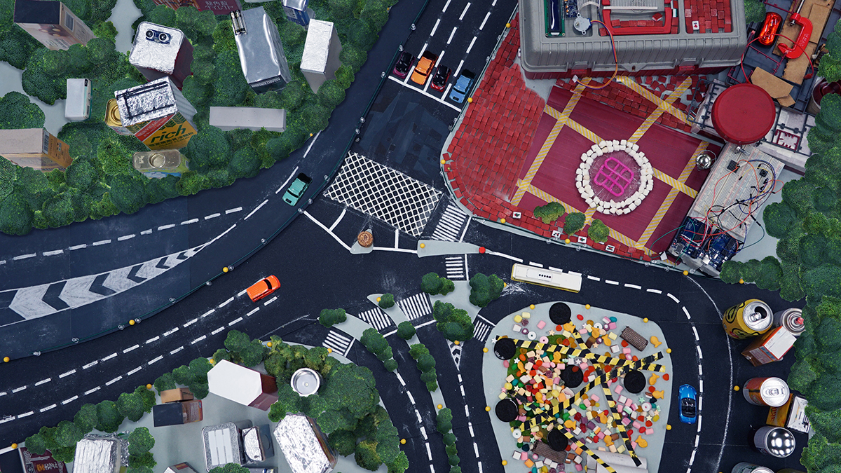 Aerial campus scene — after, created using physical items and Adobe Photoshop